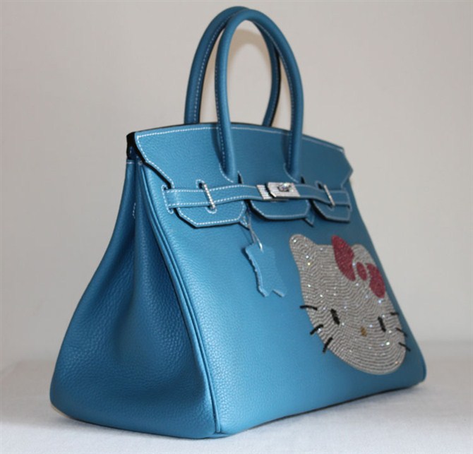 High Quality Fake Hermes Birkin Hello Kitty 35CM Togo Leather Bag Blue HK0001 (3)